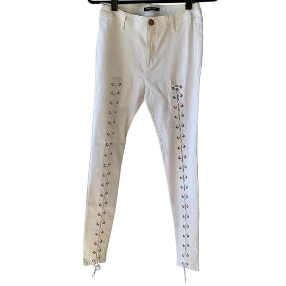 Redfox Jeans Womens Large White Lace Up Pants Skinny Grommet Stretch Shoestring - Picture 1 of 11